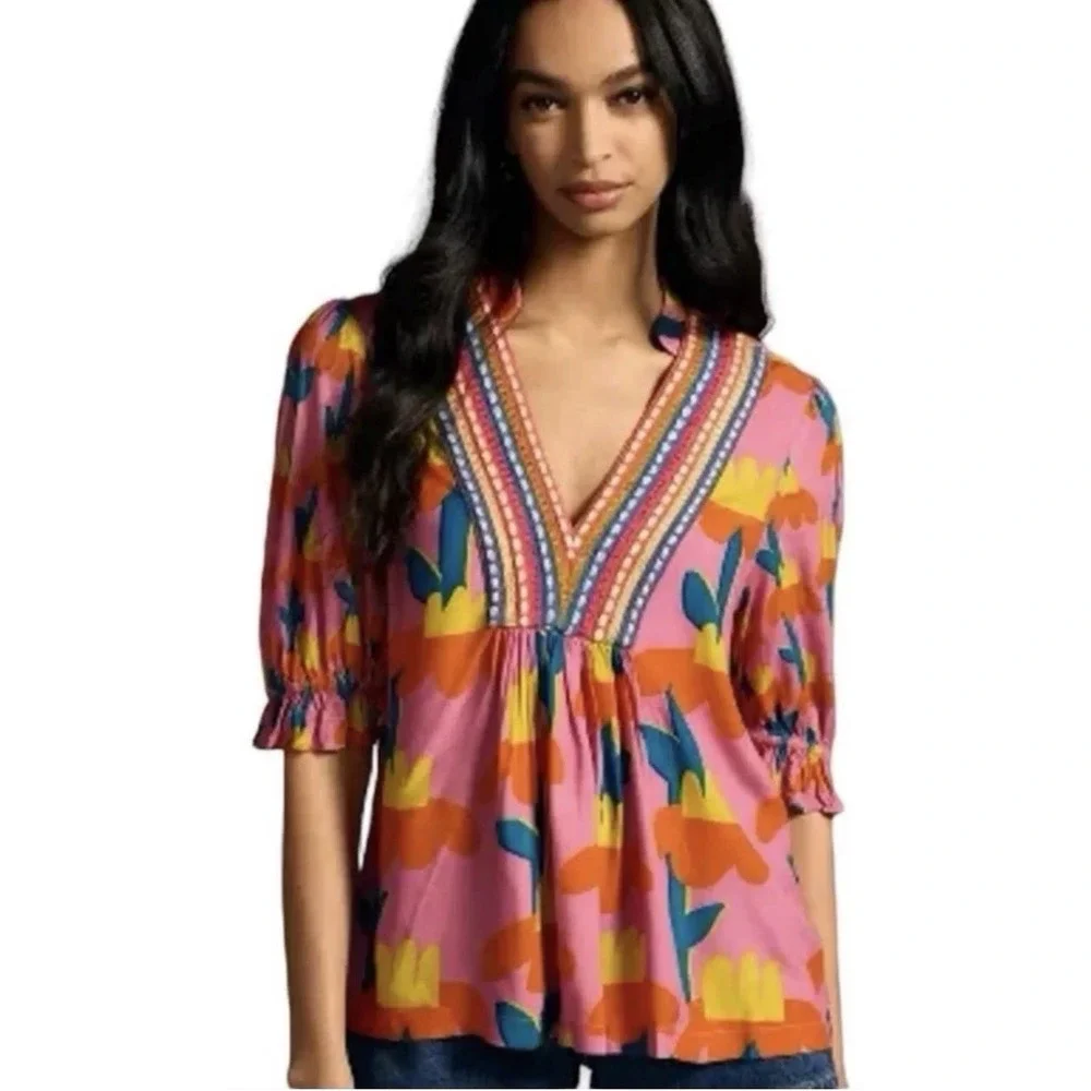 Anthropologie Bl^nk London Tropical Print Stephanie Blouse SZ XXS